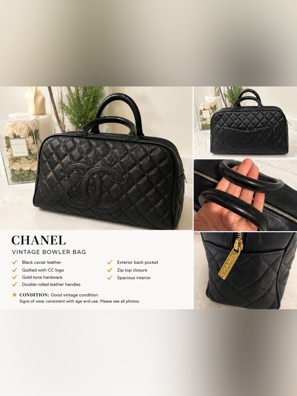 CHANEL Black Quilted caviar Leather Satchel with Top Handles bowling bag - Picture 2 of 9